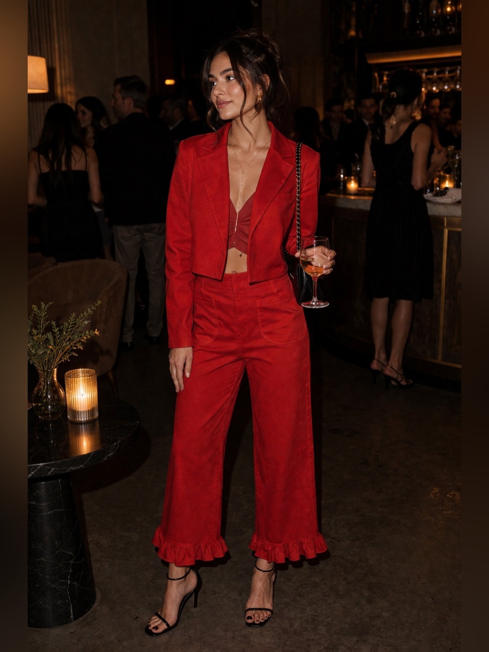 2 pieces Maeve cropped tuxedo blazer + the Colette crop velvet ruffle hem pants